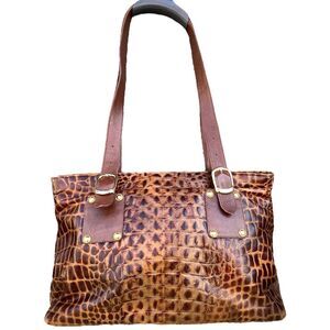 Due Fratelli 2 Strap Brown Leather Tote Shoulder Bag Crocodile Embossed mob wife